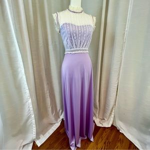 VINTAGE Gown Long Dress Lace Top and Neckline Purple Gibson Style
